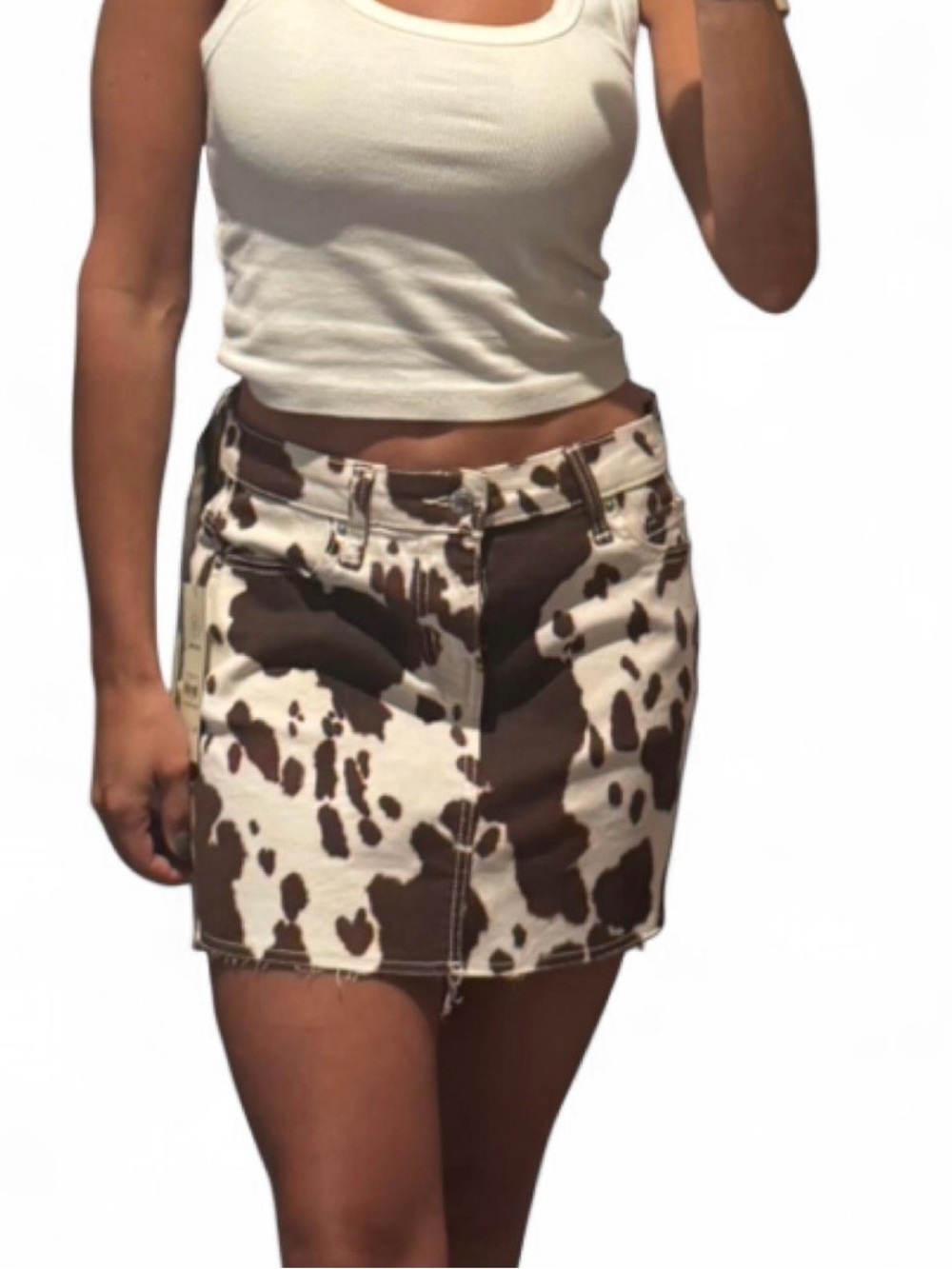 Cow Print Denim Mini Skirt - Brown & White